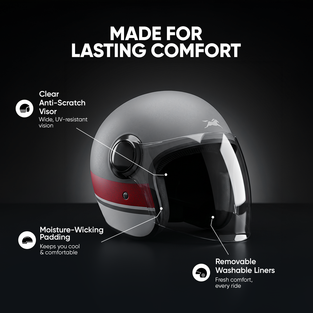 TVS Silk Route Helmet for Men & Women | Vintage Open Face Helmet with Clear Visor | ISI & DOT Certified | ABS Shell | EPS Liner | Retro Stylish Helmet for City & Highway Riding